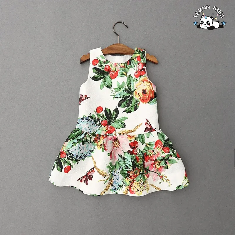 LEZONKIDS - Vestido impresso sem mangas com flores por atacado para meninas, vestido de festa de aniversário, roupas casuais para 2-14 anos